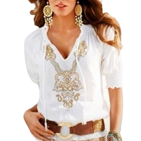 Boston Proper White V-Neck Beaded Embroidery Peasant Blouse - Picture 1 of 7